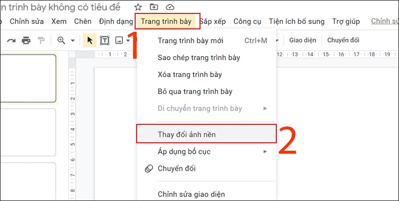 Chọn Trang tr&igrave;nh b&agrave;y v&agrave; chọn Thay đổi h&igrave;nh nền